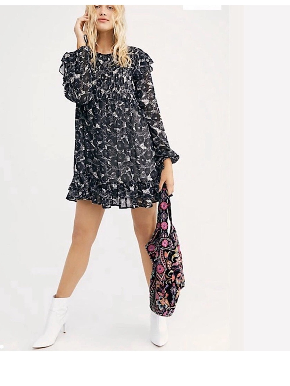 Free People The Dreams Long Sleeve Ruffled Mini Dress Womens SZ L Floral Boho